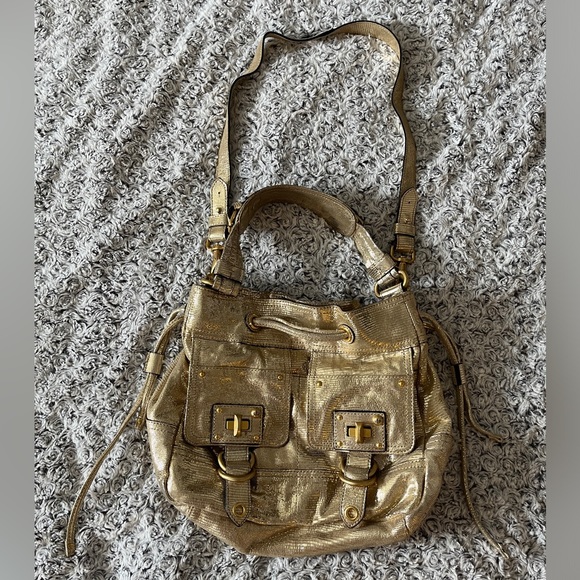 JUICY COUTURE Gold Leather Drawstring Animal Print Metallic Shoulder Bag Purse x - Picture 5 of 17